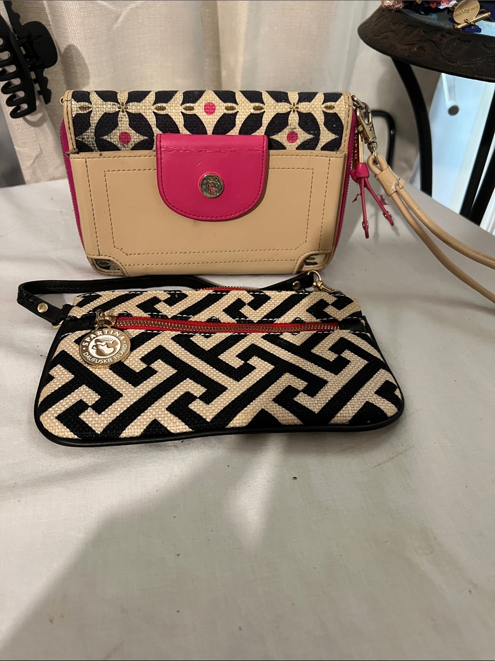Spartina 449 Beige, Black & Hot Pink Patterned Wristlet Duo